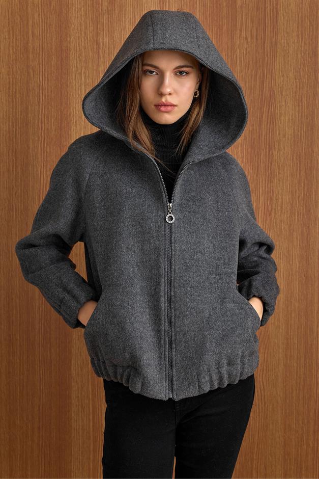 Kapüşonlu Beli Lastikli Oversize Kısa Kaban KOYU GRİ 3162