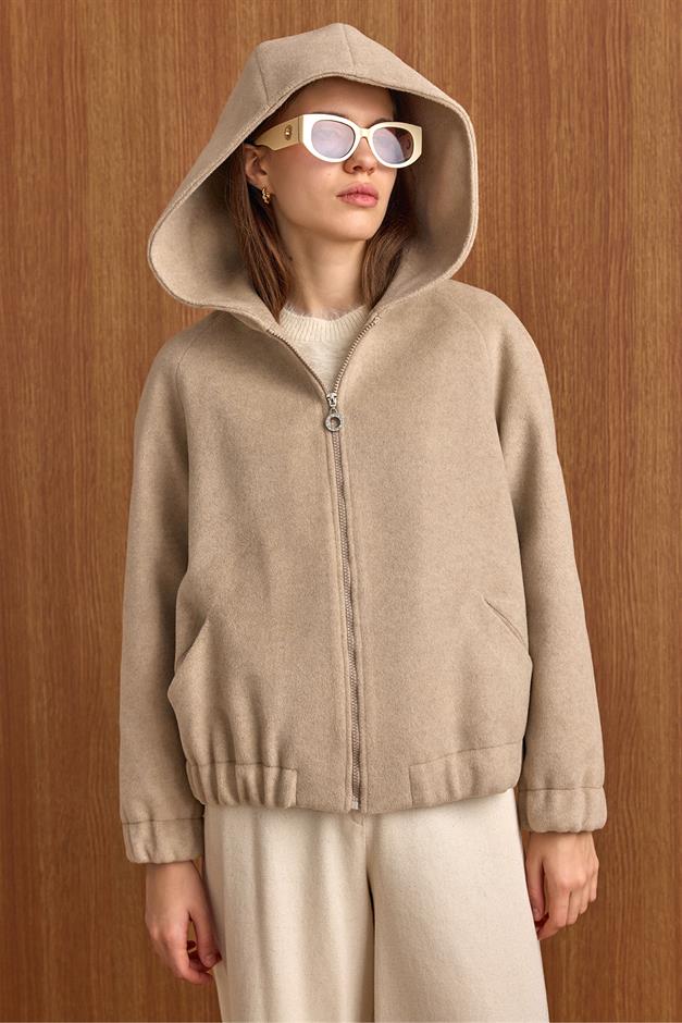 Kapüşonlu Beli Lastikli Oversize Kısa Kaban TAŞ 3162