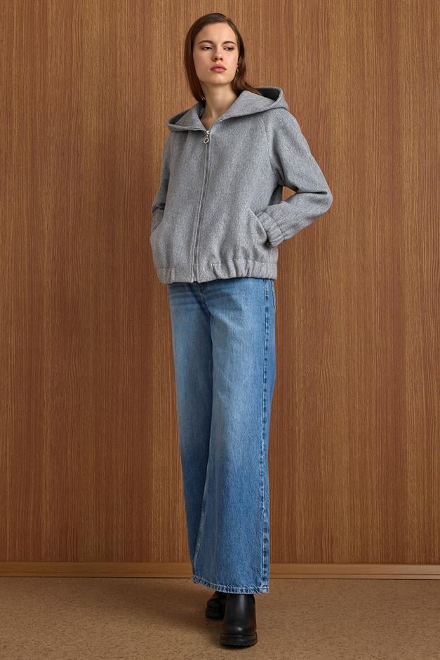 Kapüşonlu Beli Lastikli Oversize Kısa Kaban AÇIK GRİ 3162