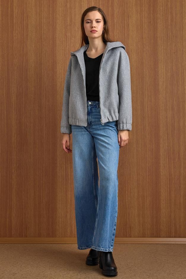 Kapüşonlu Beli Lastikli Oversize Kısa Kaban AÇIK GRİ 3162