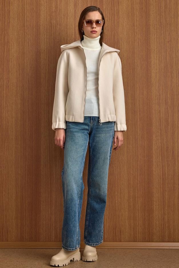 Kapüşonlu Beli Lastikli Oversize Kısa Kaban EKRU 3162