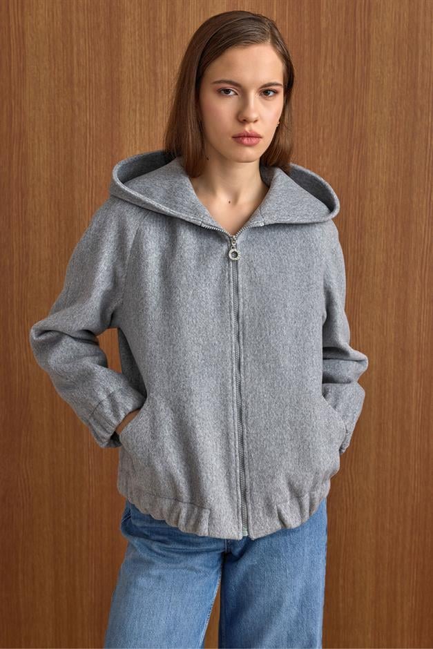 Kapüşonlu Beli Lastikli Oversize Kısa Kaban AÇIK GRİ 3162