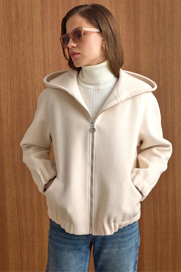 Kapüşonlu Beli Lastikli Oversize Kısa Kaban EKRU 3162