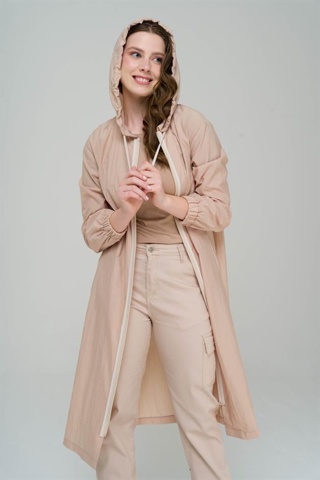 Hooded Piping Detailed Unlined Mid-Length Trench Coat IVORY 6558