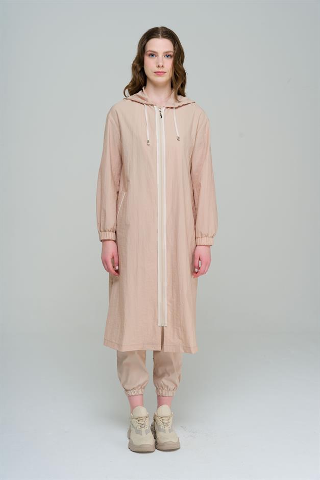 Hooded Piping Detailed Unlined Mid-Length Trench Coat IVORY 6558