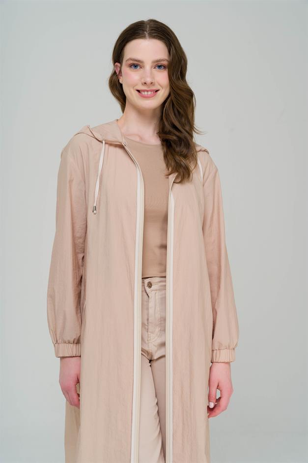 Hooded Piping Detailed Unlined Mid-Length Trench Coat IVORY 6558