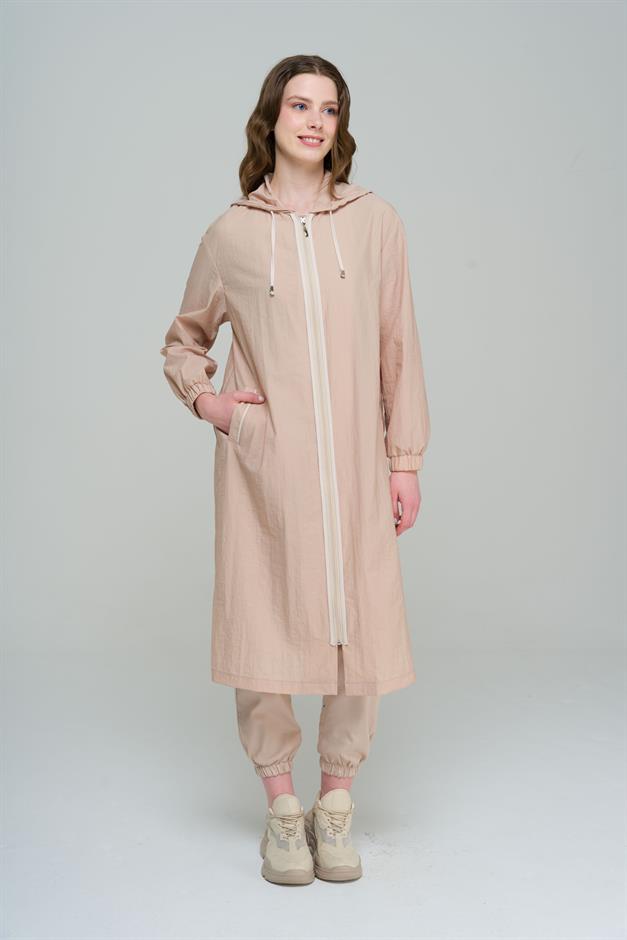 Hooded Piping Detailed Unlined Mid-Length Trench Coat IVORY 6558