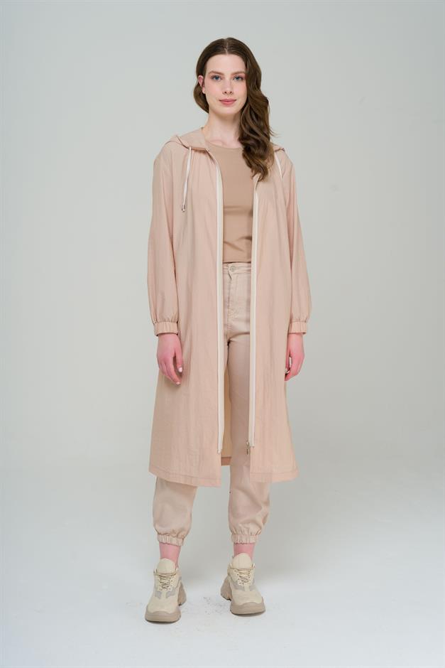 Hooded Piping Detailed Unlined Mid-Length Trench Coat IVORY 6558