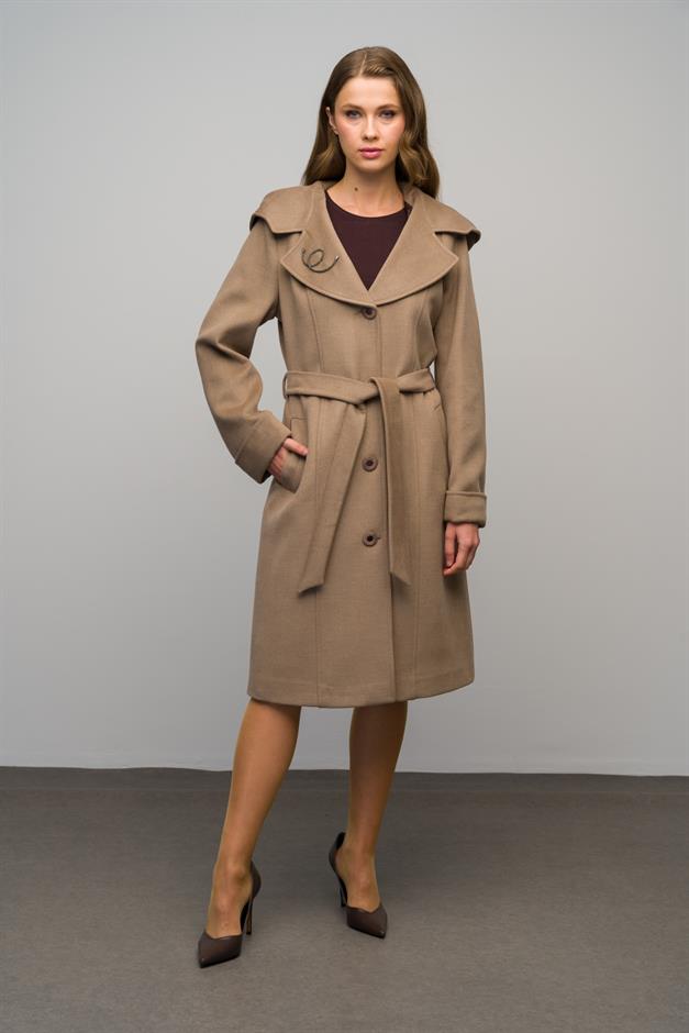 Hooded Brooch Detailed Cashmere Coat K. KAMEL 3049