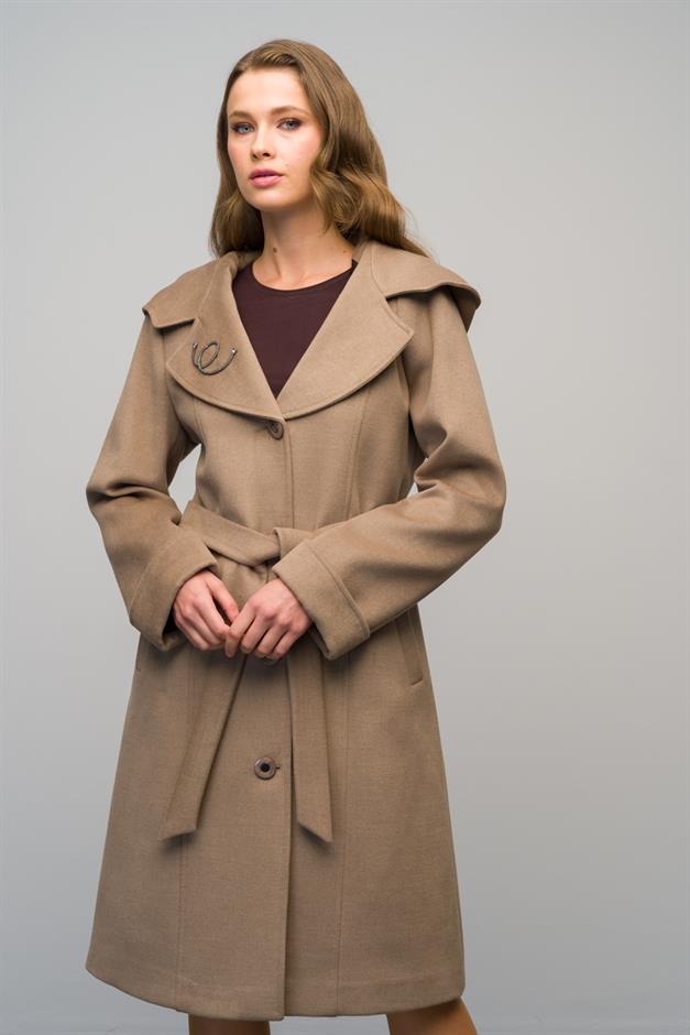 Hooded Brooch Detailed Cashmere Coat K. KAMEL 3049