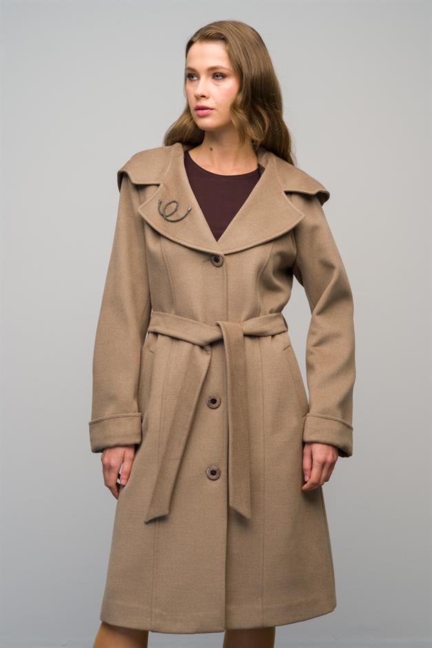 Hooded Brooch Detailed Cashmere Coat K. KAMEL 3049