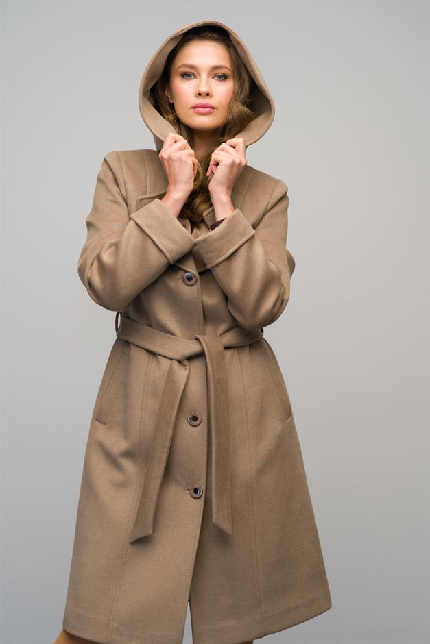 Hooded Brooch Detailed Cashmere Coat K. KAMEL 3049