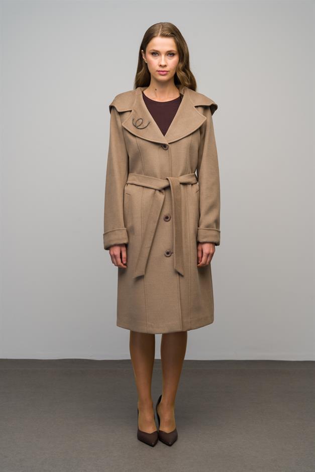 Hooded Brooch Detailed Cashmere Coat K. KAMEL 3049