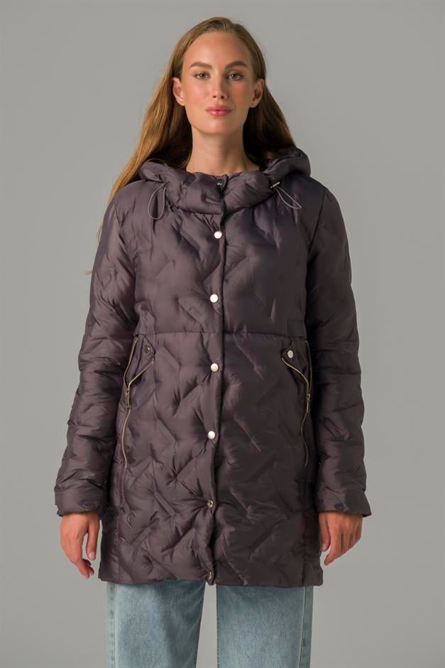 Hooded Pocket Zipper Detailed Patterned Puffer Jacket HARD COAL 6394