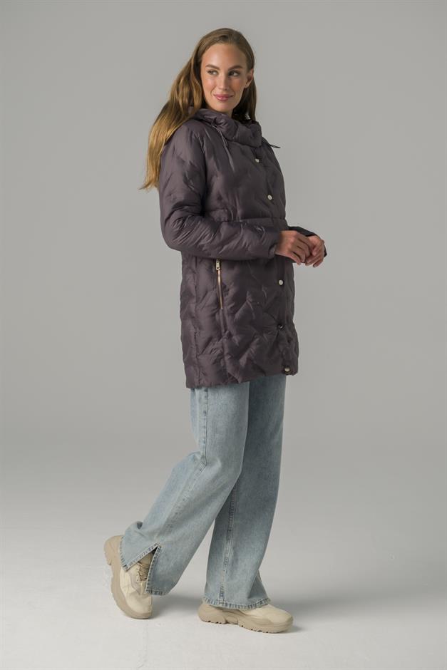 Hooded Pocket Zipper Detailed Patterned Puffer Jacket HARD COAL 6394