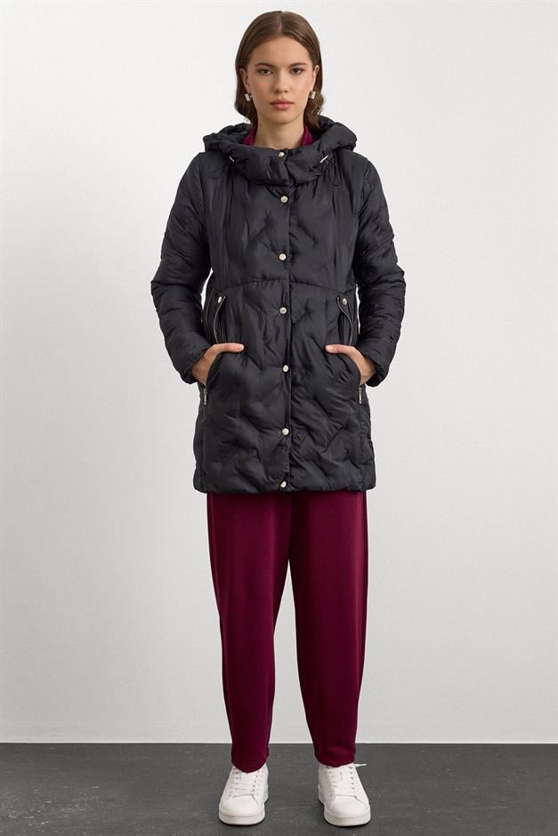 Hooded Pocket Zipper Detailed Patterned Puffer Jacket BLACK 6394