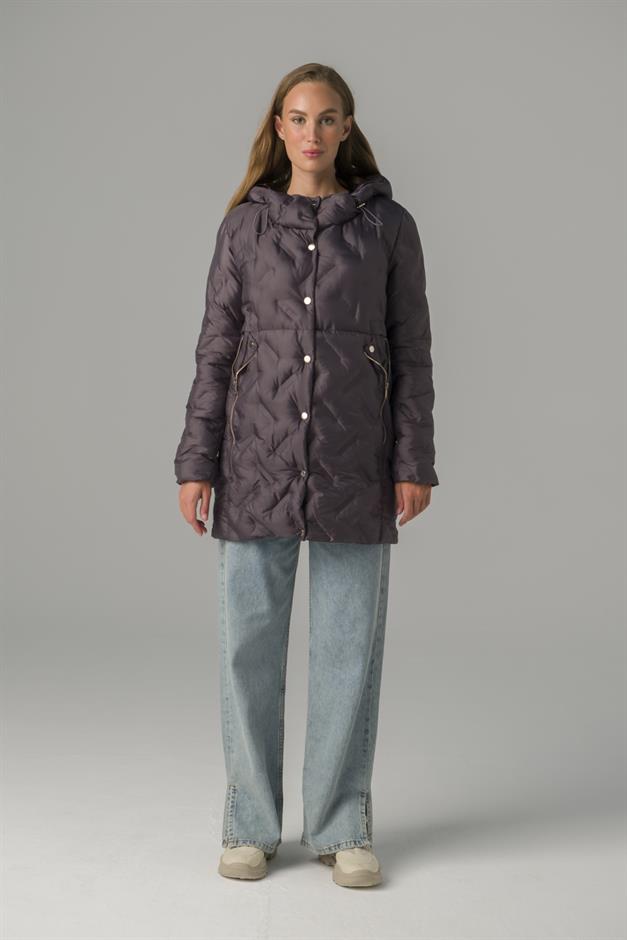 Hooded Pocket Zipper Detailed Patterned Puffer Jacket HARD COAL 6394