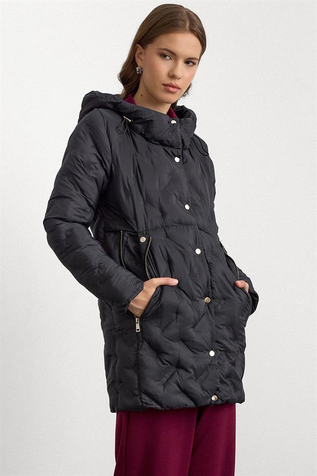 Hooded Pocket Zipper Detailed Patterned Puffer Jacket BLACK 6394
