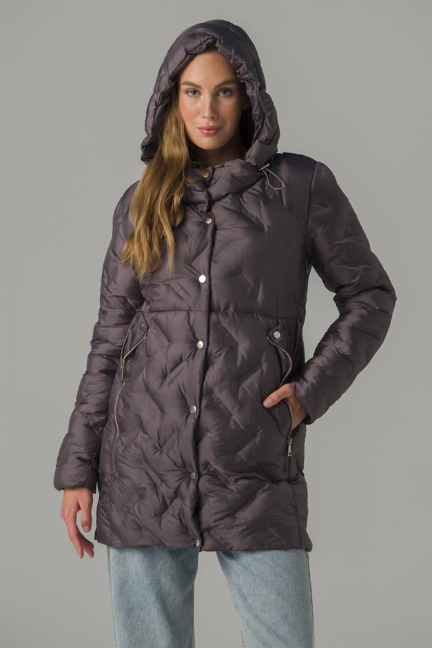 Hooded Pocket Zipper Detailed Patterned Puffer Jacket HARD COAL 6394
