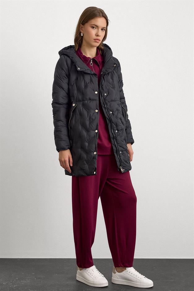 Hooded Pocket Zipper Detailed Patterned Puffer Jacket BLACK 6394