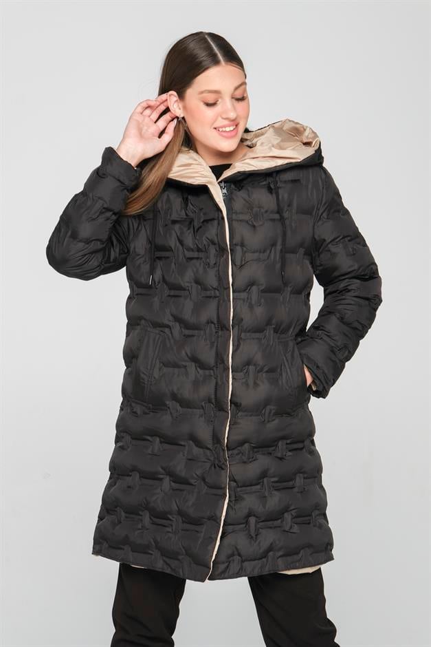 Hooded Double-Sided Patterned Puffer Jacket BLACK-STONE 6391