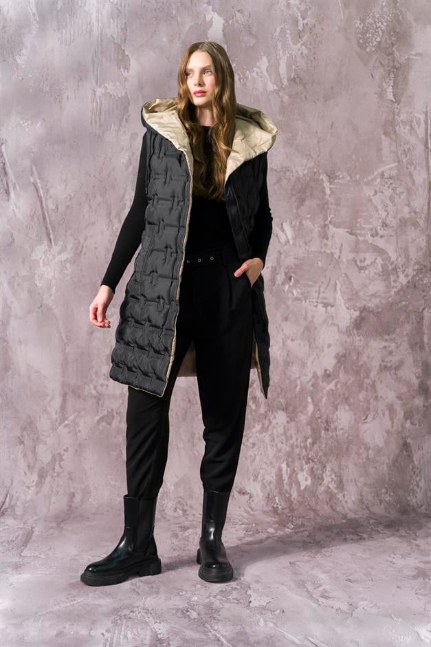 Hooded Double-Sided Patterned Puffer Vest BLACK-STONE 8208