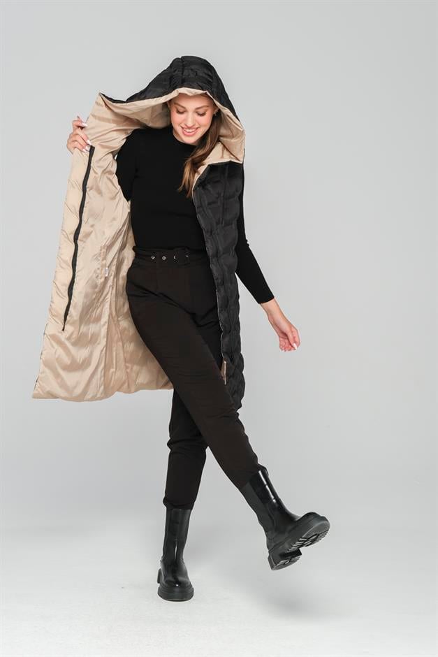 Hooded Double-Sided Patterned Puffer Vest BLACK-STONE 8208