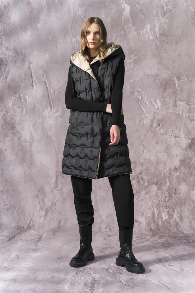 Hooded Double-Sided Patterned Puffer Vest BLACK-STONE 8208