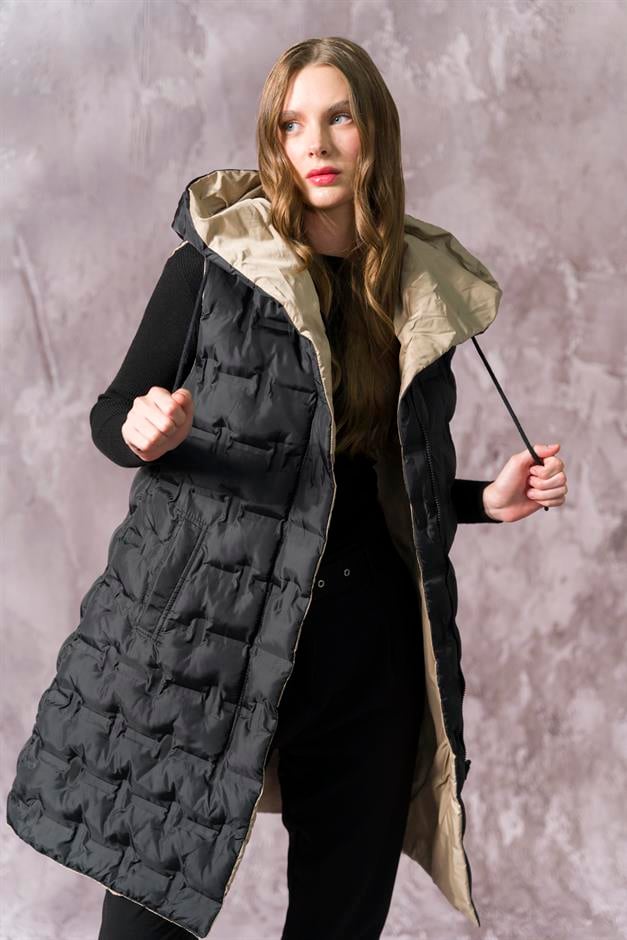 Hooded Double-Sided Patterned Puffer Vest BLACK-STONE 8208