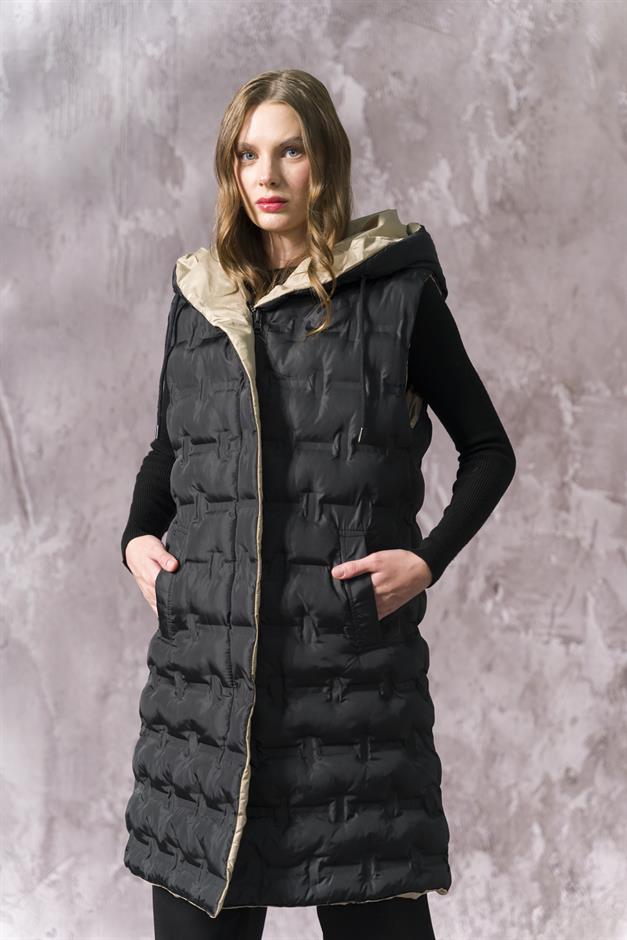 Hooded Double-Sided Patterned Puffer Vest BLACK-STONE 8208