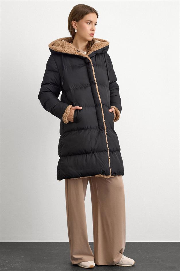 Hooded Double-Sided Fleece Detailed Puffer Jacket BLACK-STONE 6491