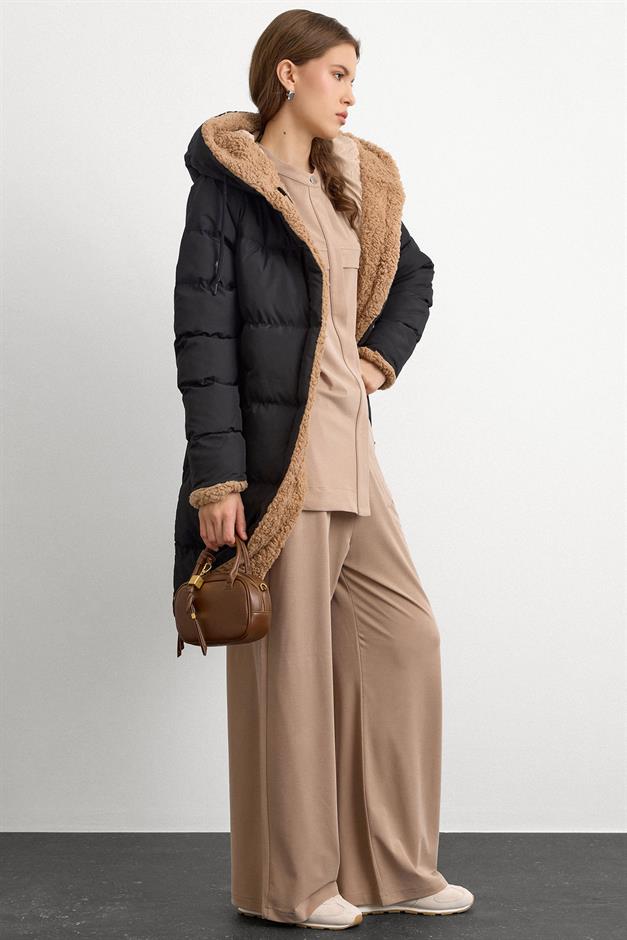 Hooded Double-Sided Fleece Detailed Puffer Jacket BLACK-STONE 6491