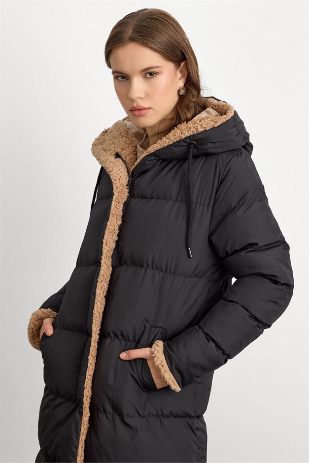 Hooded Double-Sided Fleece Detailed Puffer Jacket BLACK-STONE 6491