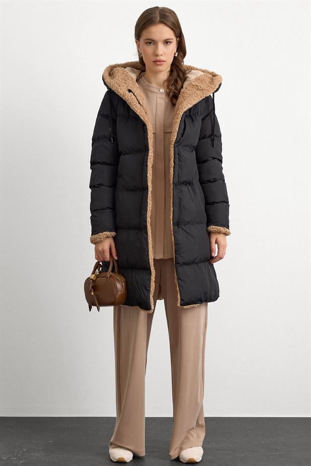 Hooded Double-Sided Fleece Detailed Puffer Jacket BLACK-STONE 6491