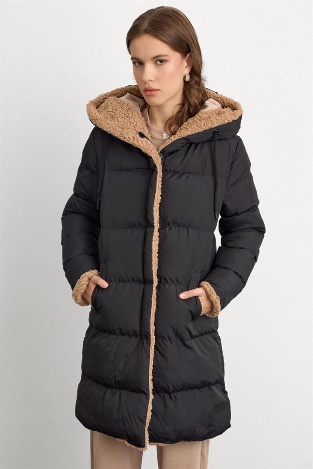 Hooded Double-Sided Fleece Detailed Puffer Jacket BLACK-STONE 6491