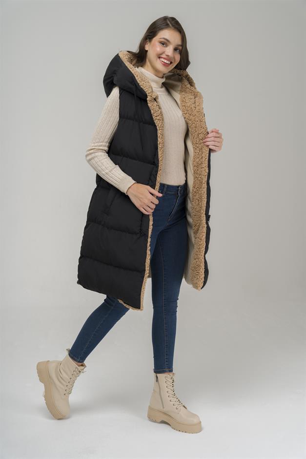 Hooded Double-Sided Fleece Detailed Puffer Vest BLACK-STONE 8227