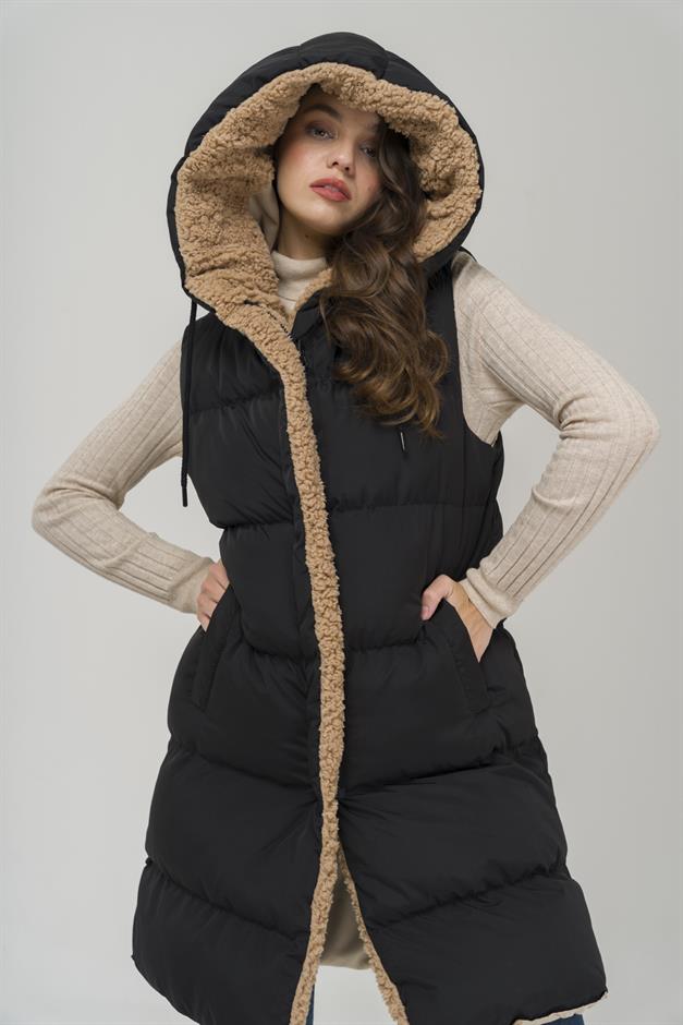 Hooded Double-Sided Fleece Detailed Puffer Vest BLACK-STONE 8227