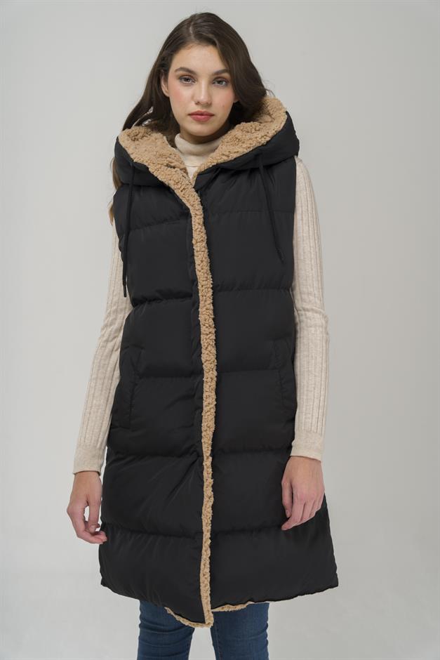 Hooded Double-Sided Fleece Detailed Puffer Vest BLACK-STONE 8227