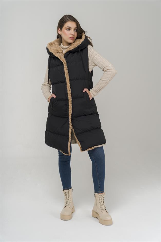 Hooded Double-Sided Fleece Detailed Puffer Vest BLACK-STONE 8227