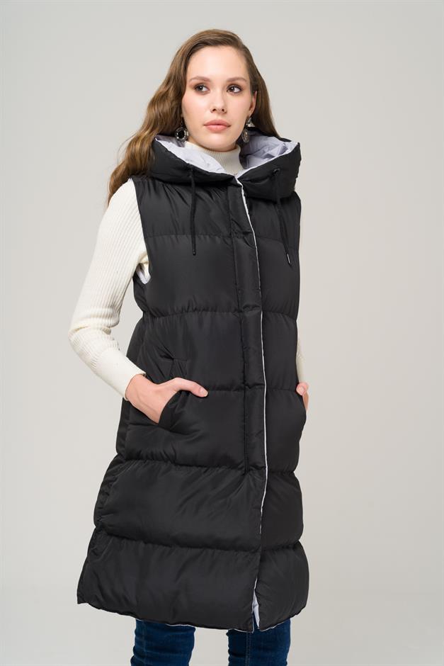 Kapüşonlu Çift Taraflı Şişme Yelek SİYAH-GRİ 8191