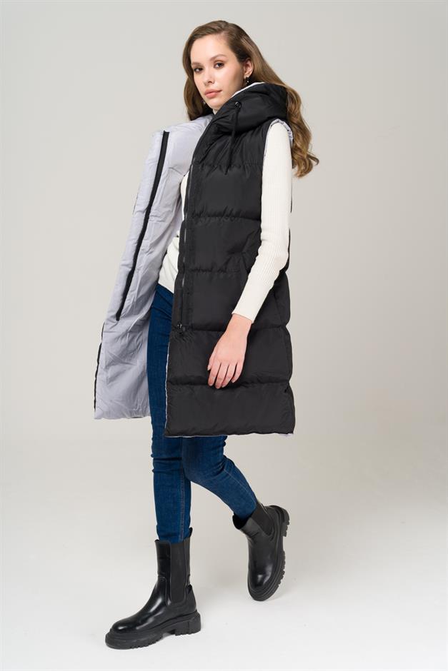 Kapüşonlu Çift Taraflı Şişme Yelek SİYAH-GRİ 8191