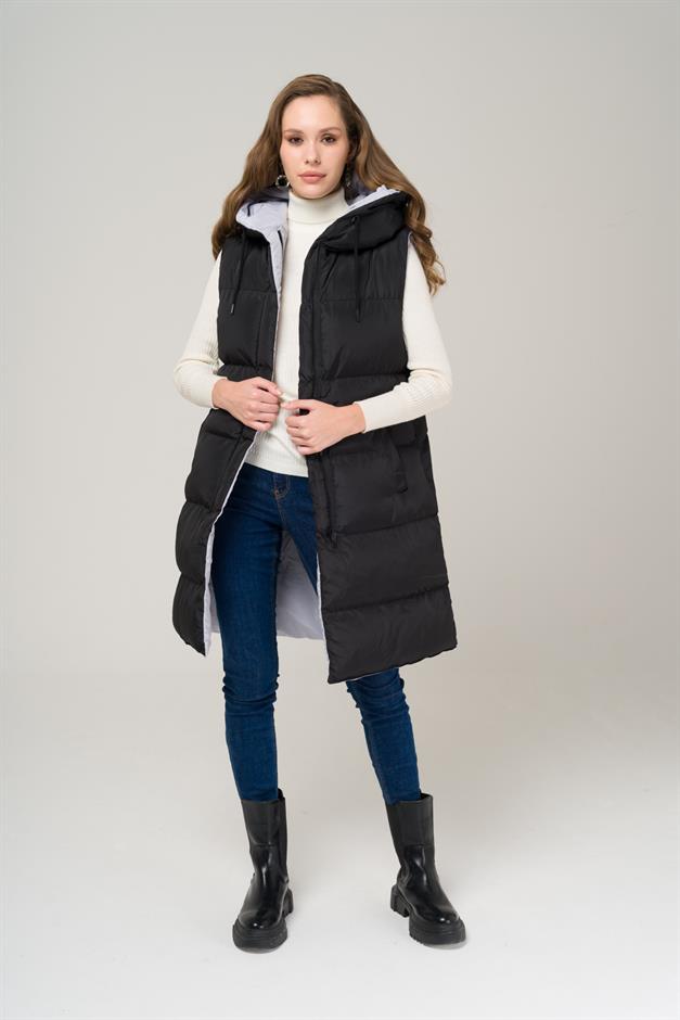 Kapüşonlu Çift Taraflı Şişme Yelek SİYAH-GRİ 8191