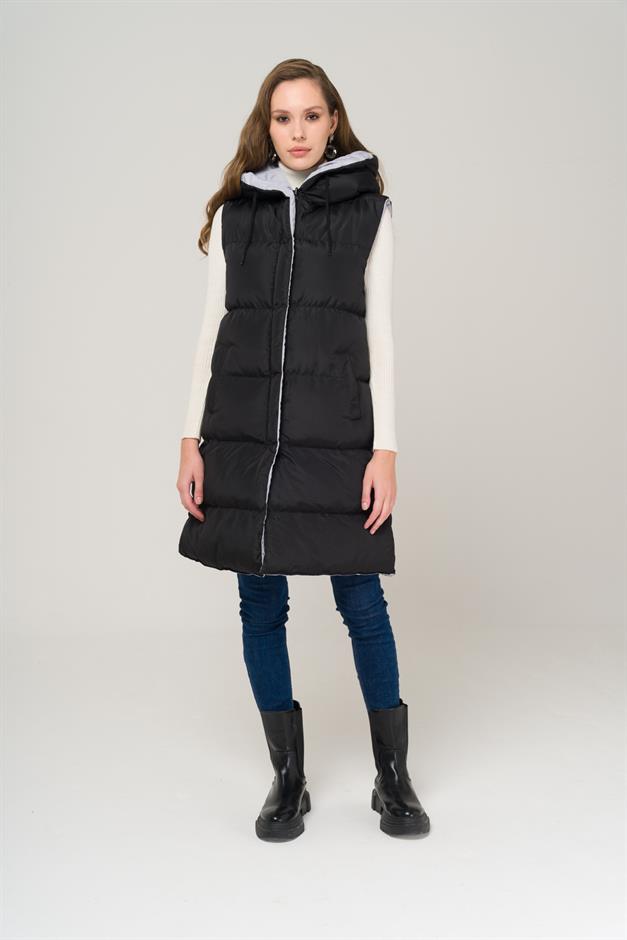 Kapüşonlu Çift Taraflı Şişme Yelek SİYAH-GRİ 8191