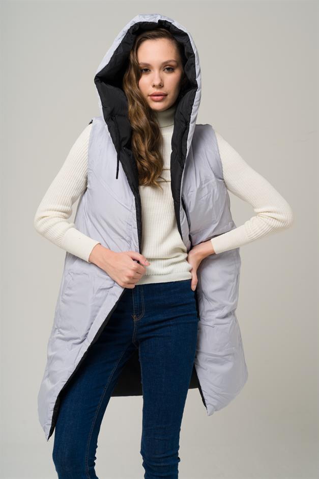 Kapüşonlu Çift Taraflı Şişme Yelek SİYAH-GRİ 8191