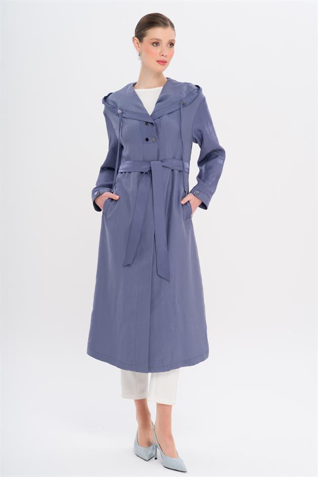 Hooded Snap Detail Unlined Coat İNDİGO 6749