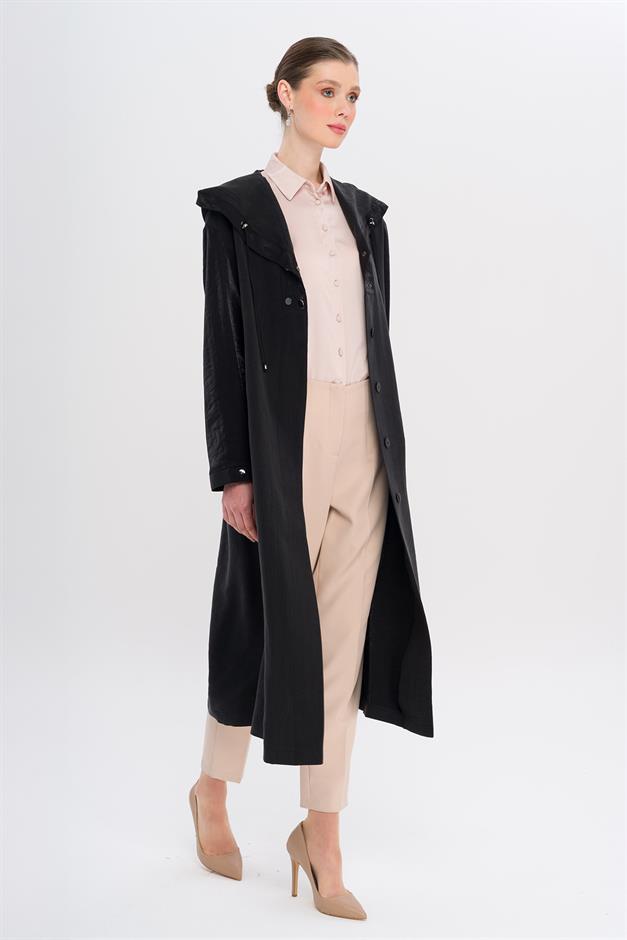Hooded Snap Detail Unlined Coat BLACK 6749
