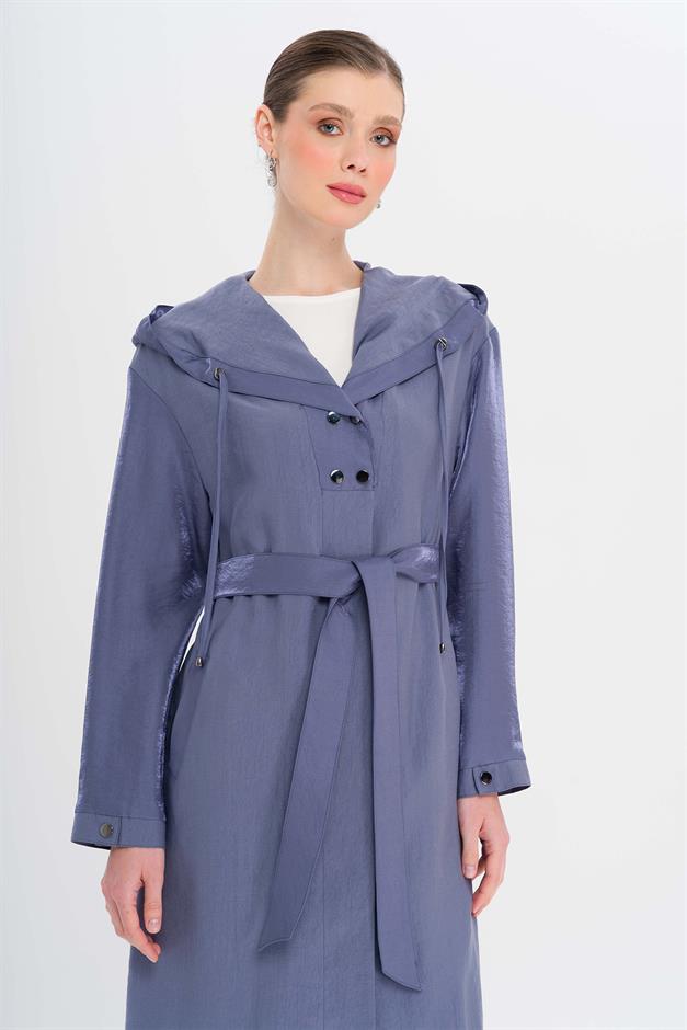 Hooded Snap Detail Unlined Coat İNDİGO 6749