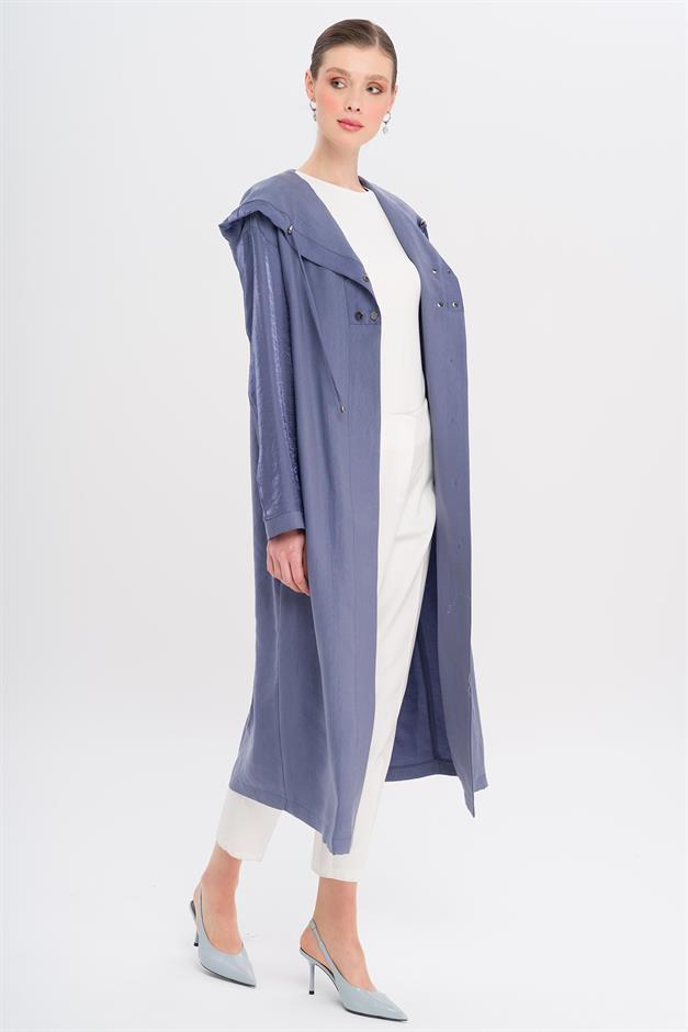 Hooded Snap Detail Unlined Coat İNDİGO 6749