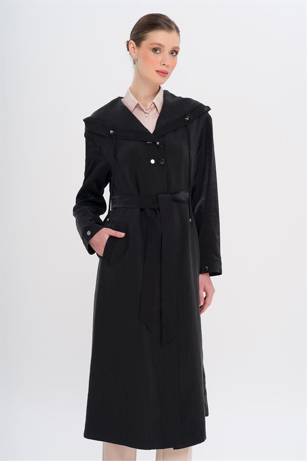 Hooded Snap Detail Unlined Coat BLACK 6749