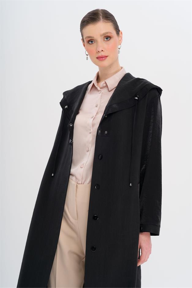 Hooded Snap Detail Unlined Coat BLACK 6749